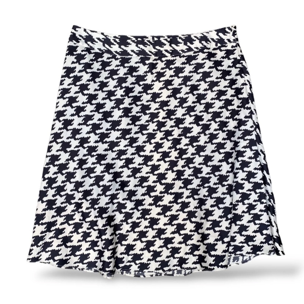 Banana Republic Satin Houndstooth Preppy Skirt A-Line Cream Beige Black Sz 12